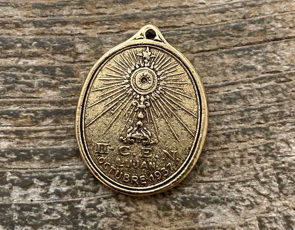 Load image into Gallery viewer, Our Lady of Lujan Medal, Catholic Religious Pendant, Blessed Mother, Antiqued Gold Charm, Religious Jewelry, GL-6103
