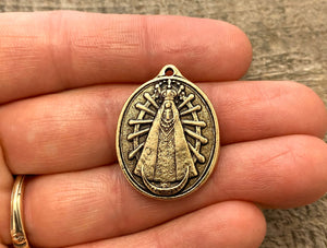 Our Lady of Lujan Medal, Catholic Religious Pendant, Blessed Mother, Antiqued Gold Charm, Religious Jewelry, GL-6103
