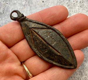 Soldered Large Leaf Pendant, Nature Charm, Antiqued Rustic Brown, Artisan Jewelry Making Supplies, BR-6107