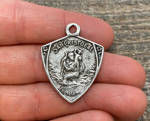 St. Christopher, Catholic Medal, Antiqued Silver Pendant, Triangle Medallion, Religious Charm Jewelry, Protect Us, Key Chain, PW-6104