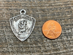 St. Christopher, Catholic Medal, Antiqued Silver Pendant, Triangle Medallion, Religious Charm Jewelry, Protect Us, Key Chain, PW-6104