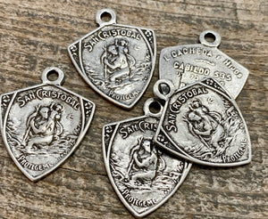 St. Christopher, Catholic Medal, Antiqued Silver Pendant, Triangle Medallion, Religious Charm Jewelry, Protect Us, Key Chain, PW-6104