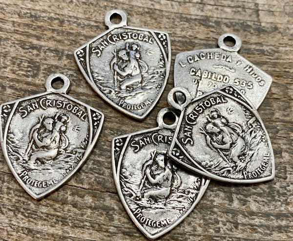 Load image into Gallery viewer, St. Christopher, Catholic Medal, Antiqued Silver Pendant, Triangle Medallion, Religious Charm Jewelry, Protect Us, Key Chain, PW-6104
