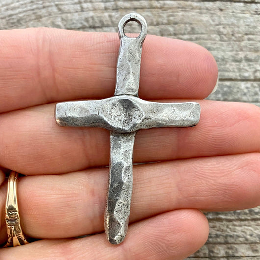 Artisan Hammered Cross Pendant, Silver Religious Jewelry Supplies, PW-6109