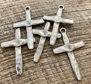 Artisan Hammered Cross Pendant, Silver Religious Jewelry Supplies, PW-6109