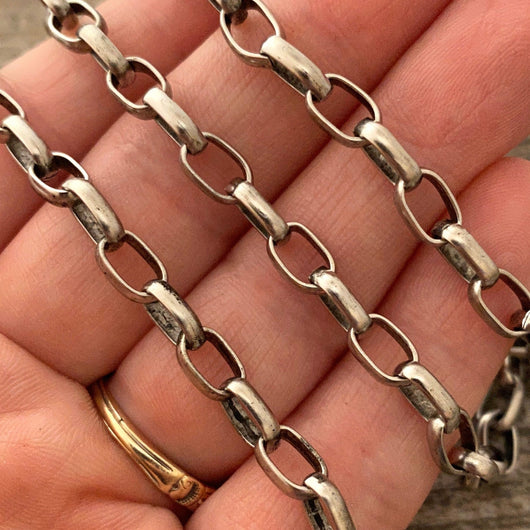 Large Silver Chain, Flat Rounded Link Rectangle Antiqued Silver Chain by the Foot, Jewelry Supplies, PW-2026