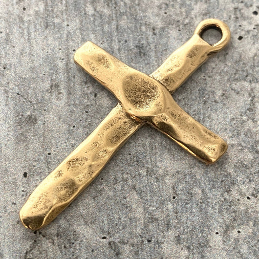 Artisan Hammered Cross Pendant, Gold Religious Jewelry Supplies, GL-6109