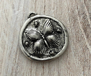 Soldered Butterfly and Maple Leaf Pendant, Antiqued Silver Nature Leaf Charm, Artisan Jewelry Components Supplies, PW-6192