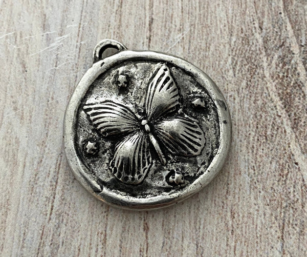 Load image into Gallery viewer, Soldered Butterfly and Maple Leaf Pendant, Antiqued Silver Nature Leaf Charm, Artisan Jewelry Components Supplies, PW-6192
