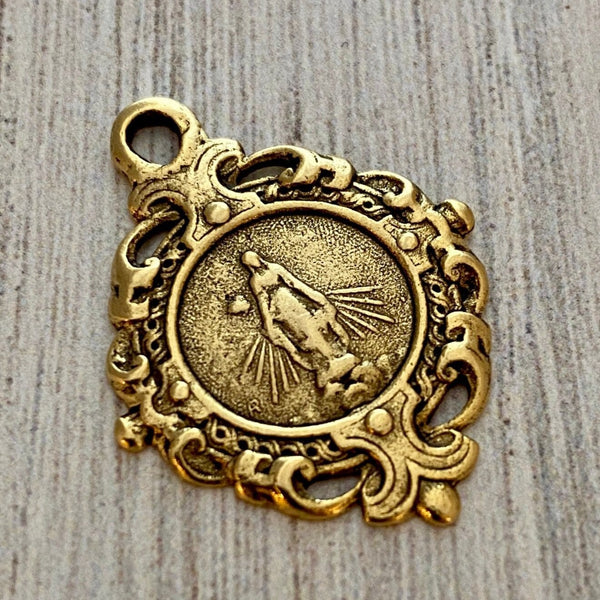 Load image into Gallery viewer, Mary Medal, Art Nouveau Medal, Antiqued Gold Religious Jewelry Making Charm Pendant, Catholic Jewelry, GL-6115
