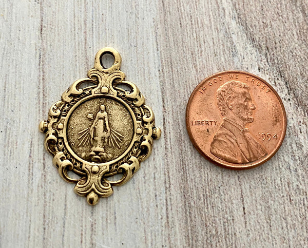 Load image into Gallery viewer, Mary Medal, Art Nouveau Medal, Antiqued Gold Religious Jewelry Making Charm Pendant, Catholic Jewelry, GL-6115
