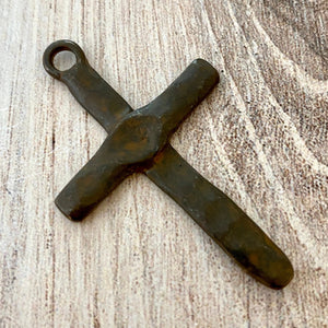 Artisan Hammered Cross Pendant, Rustic Brown Religious Jewelry Supplies, BR-6109