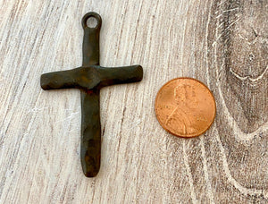Artisan Hammered Cross Pendant, Rustic Brown Religious Jewelry Supplies, BR-6109