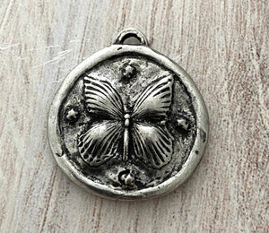 Soldered Butterfly and Maple Leaf Pendant, Antiqued Silver Nature Leaf Charm, Artisan Jewelry Components Supplies, PW-6192