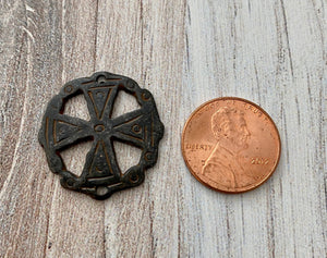 Round Cross Connector, Antiqued Rustic Brown Artisan Charm, Jewelry Making Supplies, BR-6111