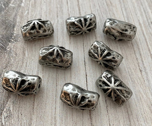 Organic Hammered Artisan Tube Bead with Star, Antiqued Silver Finding, Jewelry Components Supplies, PW-6112