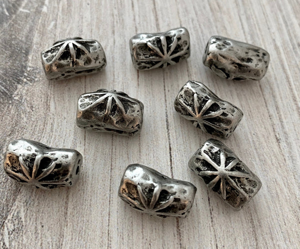 Load image into Gallery viewer, Organic Hammered Artisan Tube Bead with Star, Antiqued Silver Finding, Jewelry Components Supplies, PW-6112
