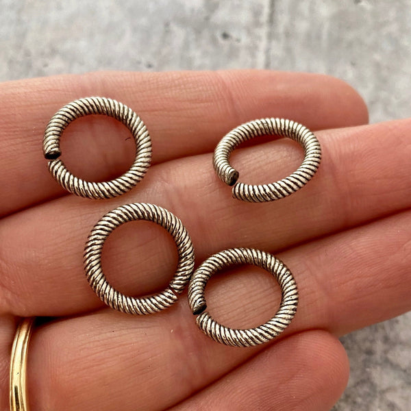 Load image into Gallery viewer, 14mm Extra Large Silver Jump Rings, Thick Textured Antiqued Silver Connectors, Brass Links, 4 Rings Jewelry Supply PW-3006
