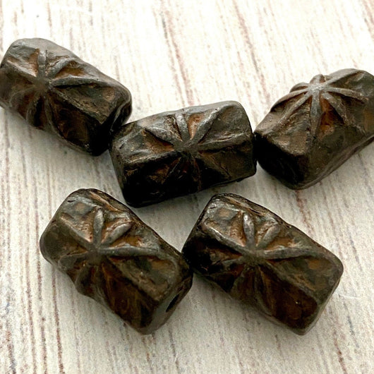 Organic Hammered Artisan Tube Bead with Star Bead, Antiqued Rustic Brown Finding, Jewelry Components Supplies, BR-6112