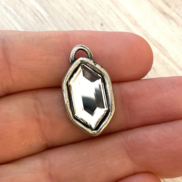 Load image into Gallery viewer, Swarovski Crystal Clear Hexagon Charm, Antiqued Silver Rhinestone Pendant, Jewelry Making Artisan Findings, PW-S013
