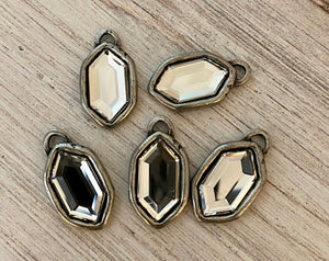 Swarovski Crystal Clear Hexagon Charm, Antiqued Silver Rhinestone Pendant, Jewelry Making Artisan Findings, PW-S013
