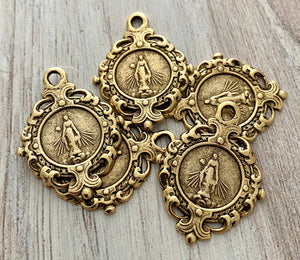 Mary Medal, Art Nouveau Medal, Antiqued Gold Religious Jewelry Making Charm Pendant, Catholic Jewelry, GL-6115