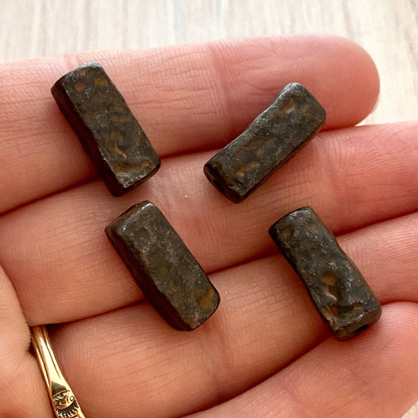 Load image into Gallery viewer, Organic Rectangle Artisan Tube Spacer Bead, Antiqued Rustic Brown Finding, Jewelry Components Supplies, BR-6114
