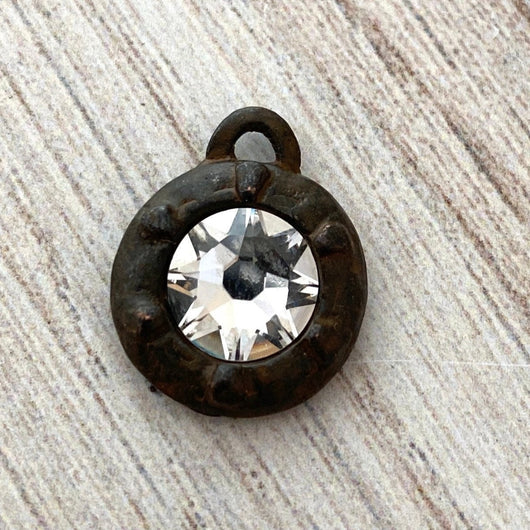 Swarovski Large Crystal Clear Charm, Georgian Style Antiqued Rustic Brown Pendant, Jewelry Making Artisan Findings, BR-S012