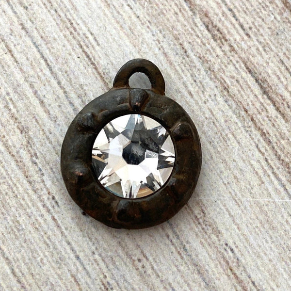 Load image into Gallery viewer, Swarovski Large Crystal Clear Charm, Georgian Style Antiqued Rustic Brown Pendant, Jewelry Making Artisan Findings, BR-S012
