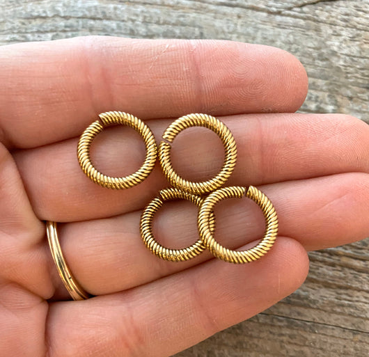14mm Extra Large Gold Jump Rings, Thick Textured Antiqued Gold Connectors, Brass Links, 4 Rings Jewelry Supply GL-3006