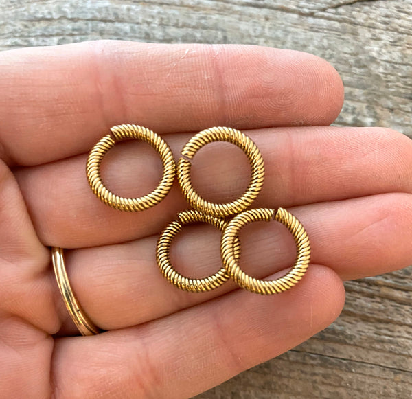 Load image into Gallery viewer, 14mm Extra Large Gold Jump Rings, Thick Textured Antiqued Gold Connectors, Brass Links, 4 Rings Jewelry Supply GL-3006
