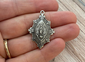 French Mary Medal, Fleur de Lis Pendant, Antiqued Silver Charm, Catholic Religious Christian Jewelry, PW-6081