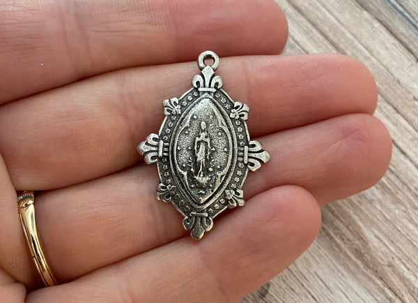 Load image into Gallery viewer, French Mary Medal, Fleur de Lis Pendant, Antiqued Silver Charm, Catholic Religious Christian Jewelry, PW-6081
