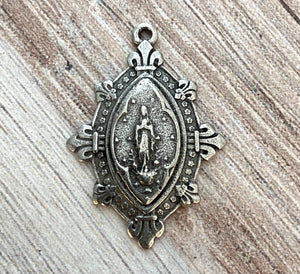 French Mary Medal, Fleur de Lis Pendant, Antiqued Silver Charm, Catholic Religious Christian Jewelry, PW-6081
