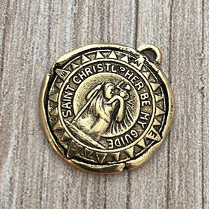 St. Christopher, Catholic Medal, Antiqued Gold Wax Seal Charm, Religious Medal, Compass, Saint, Protect Us, GL-6141