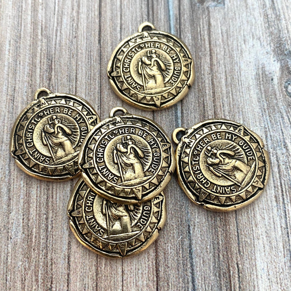 Load image into Gallery viewer, St. Christopher, Catholic Medal, Antiqued Gold Wax Seal Charm, Religious Medal, Compass, Saint, Protect Us, GL-6141
