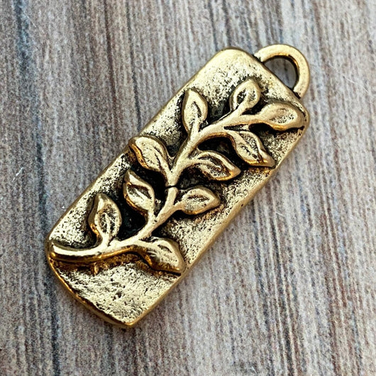 Vine Flower Bar Pendant, Antiqued Gold Rectangle Charm for Jewelry Making, GL-6122