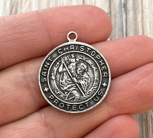 Load image into Gallery viewer, St. Christopher Catholic Medal, Silver Pendant, Medallion, Religious Charm Jewelry, Protect Us, PW-6093
