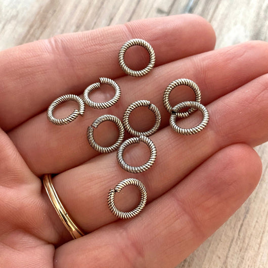 9mm Large Silver Jump Rings, Textured Jump Ring, Brass Jump Rings, 10 rings, PW-3007