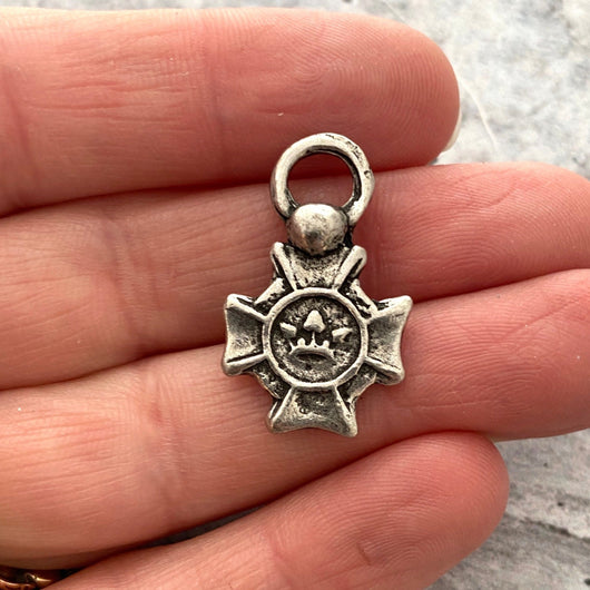 Small Cross Charm with Crown, Antiqued Silver, Artisan Pendant Charm, Jewelry Making, PW-6125