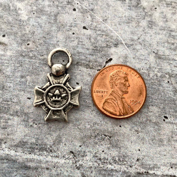 Load image into Gallery viewer, Small Cross Charm with Crown, Antiqued Silver, Artisan Pendant Charm, Jewelry Making, PW-6125
