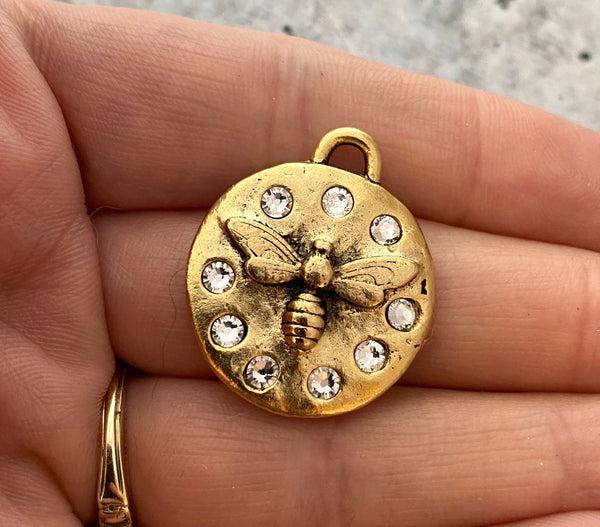 Load image into Gallery viewer, French Bee Pendant with Swarovski Crystal Rhinestones, Honeybee Charm with Sparkle, Antiqued Gold Pendant, Jewelry Supplies, GL-6191
