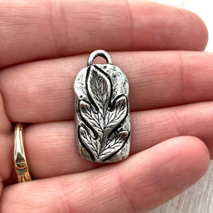 Leaf Bar Pendant, Antiqued Silver Pewter Rectangle Charm for Jewelry Making, PW-6120