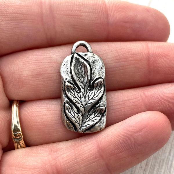 Load image into Gallery viewer, Leaf Bar Pendant, Antiqued Silver Pewter Rectangle Charm for Jewelry Making, PW-6120
