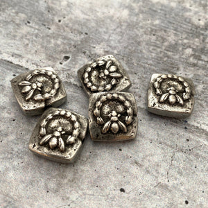 Organic Bee Slider Bead, Square Antiqued Silver Pewter Finding, Jewelry Components Supplies, PW-6121
