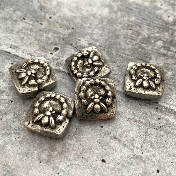 Load image into Gallery viewer, Organic Bee Slider Bead, Square Antiqued Silver Pewter Finding, Jewelry Components Supplies, PW-6121
