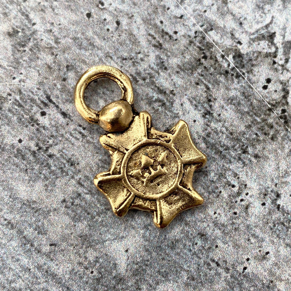 Load image into Gallery viewer, Small Cross Charm with Crown, Antiqued Gold, Artisan Pendant Charm, Jewelry Making, GL-6125
