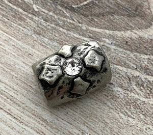 Large Artisan Barrel Bead with Swarovski Crystal Rhinestone, Antiqued Silver Pewter Cross Flower Slider Jewelry Components Supplies, PW-6116