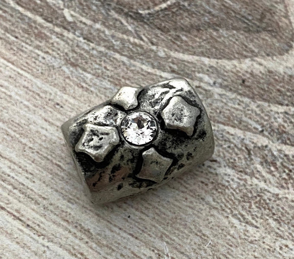 Load image into Gallery viewer, Large Artisan Barrel Bead with Swarovski Crystal Rhinestone, Antiqued Silver Pewter Cross Flower Slider Jewelry Components Supplies, PW-6116
