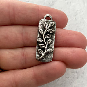 Vine Flower Bar Pendant, Antiqued Silver Pewter Rectangle Charm for Jewelry Making, PW-6122